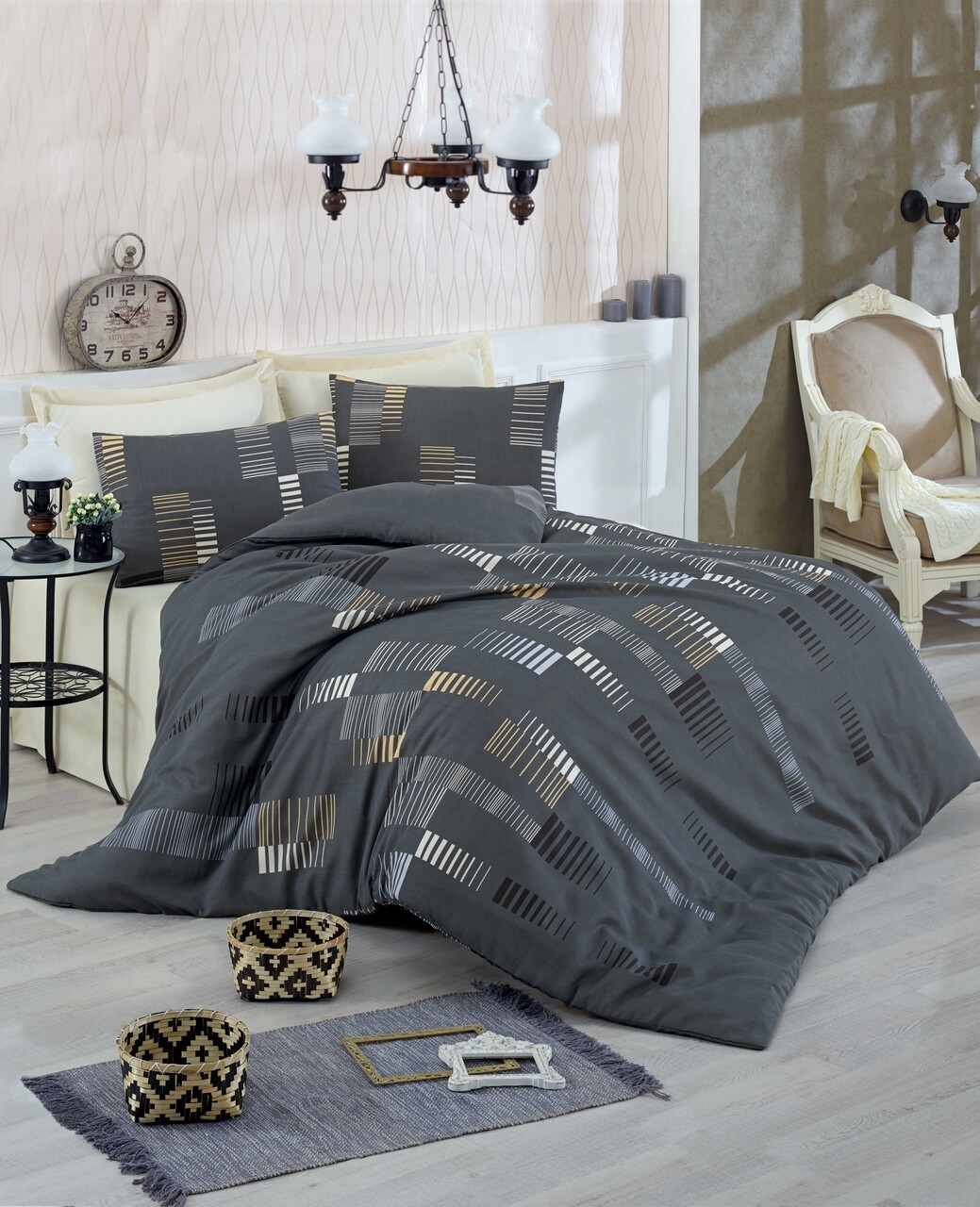 Lenjerie de pat dubla, Eponj Home, Trace Anthracite, 4 piese, amestec bumbac, antracit - imagine 3